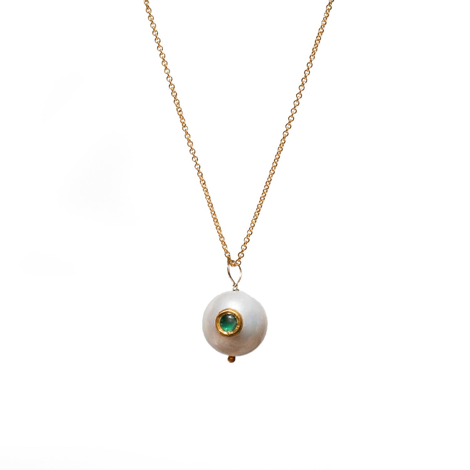 Round Freshwater Pearl Set In 22ct Gold With Emerald And Sapphire Inlay