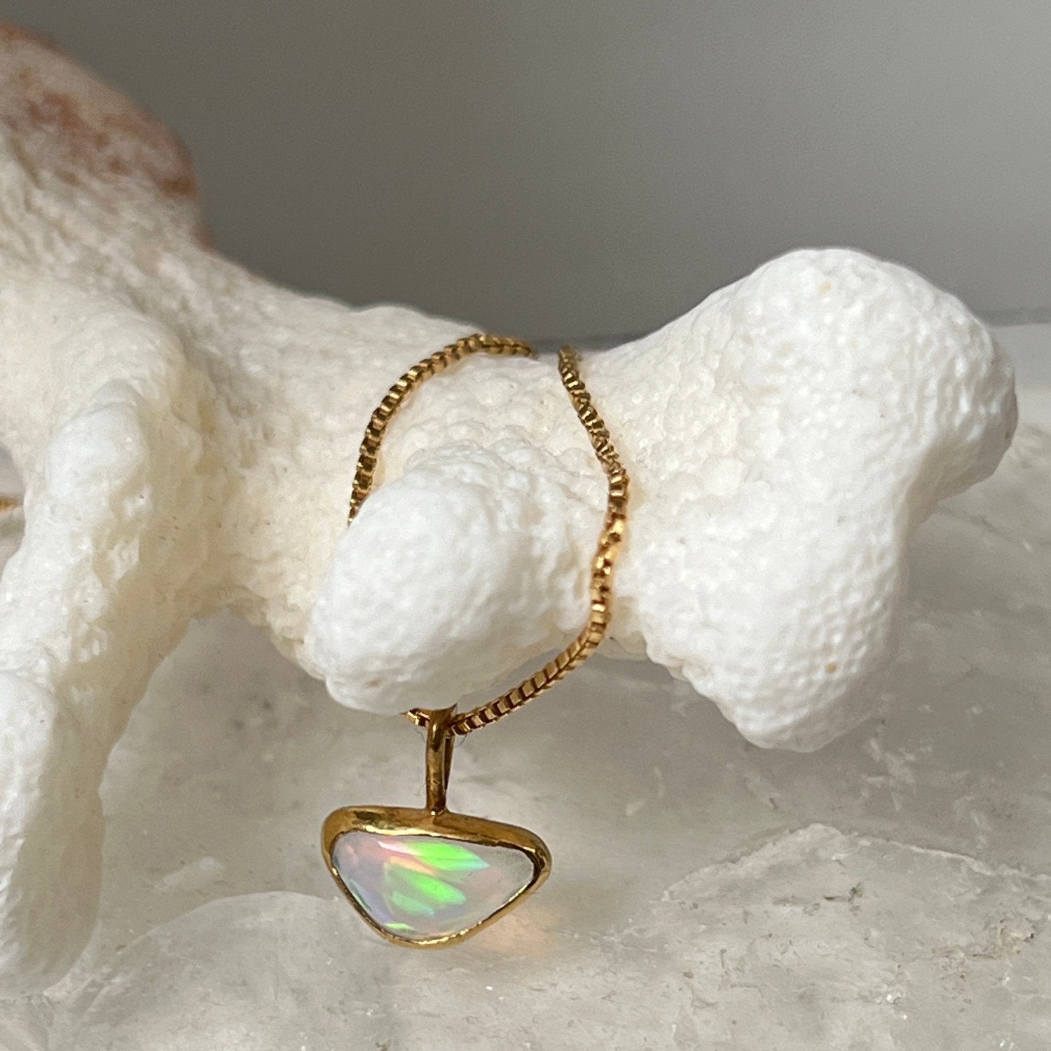 Unique Vermeil Triangle Opal Pendant on Gold filed chain