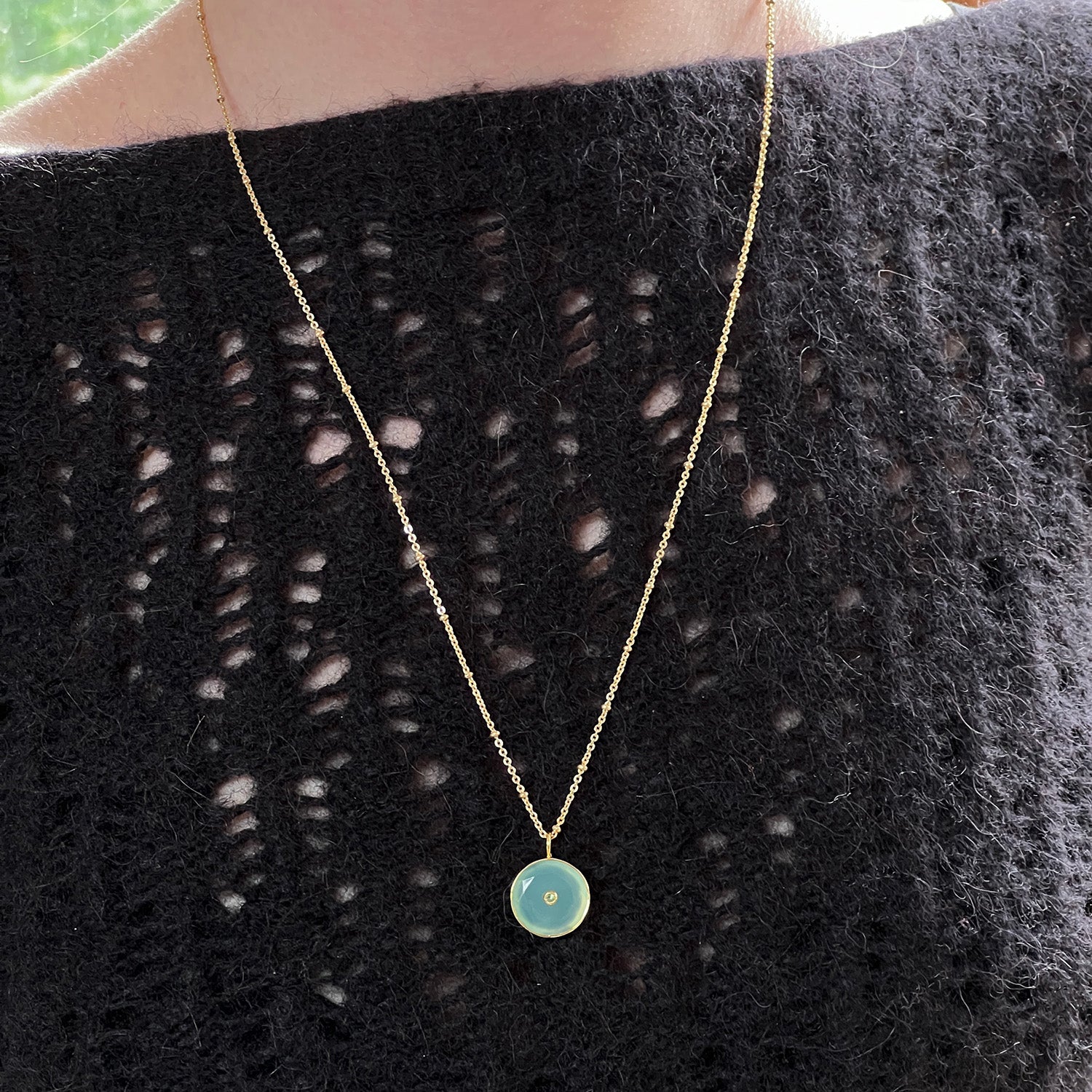Cosmo Pendant With Aqua Chalcedony And Green Onyx  On Long Satellite Chain