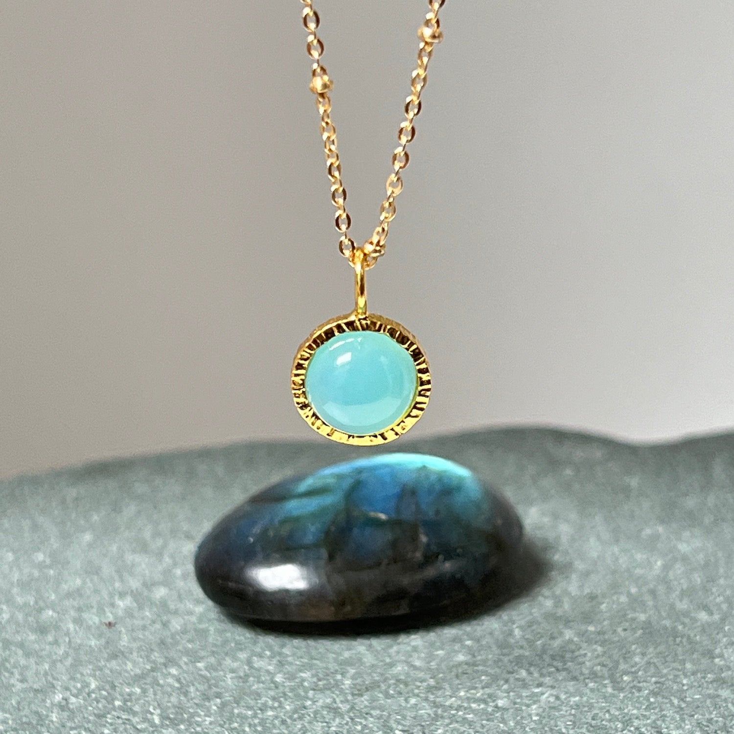 Dunia Aqua Chalcedony Round Pendant On Long Satellite Chain