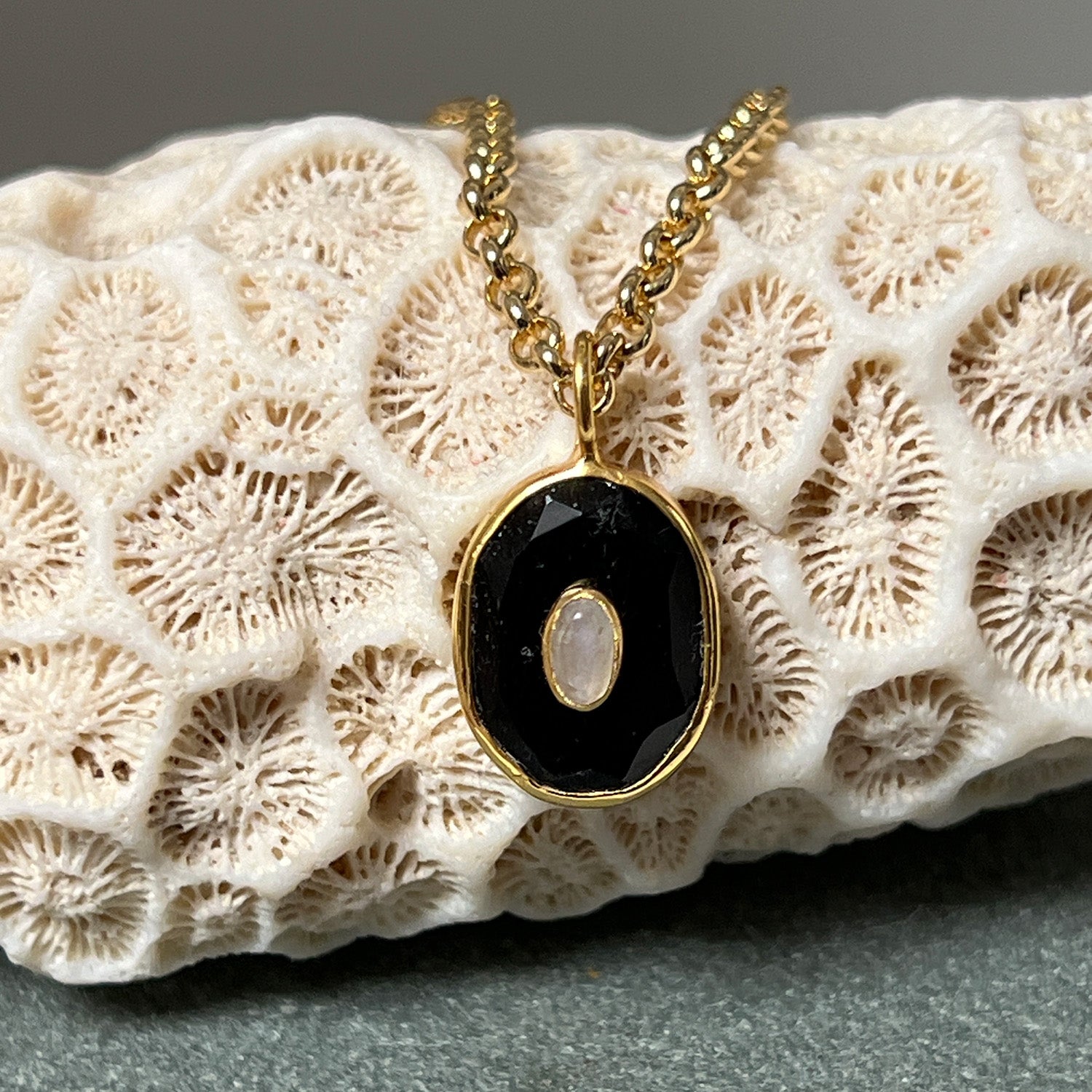 Victoria Pendant With Black Onyx & Rainbow Moonstone On Short Baby Belcher Chain