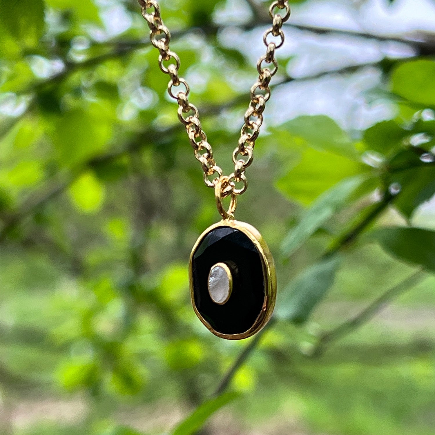 Victoria Pendant With Black Onyx & Rainbow Moonstone On Short Baby Belcher Chain