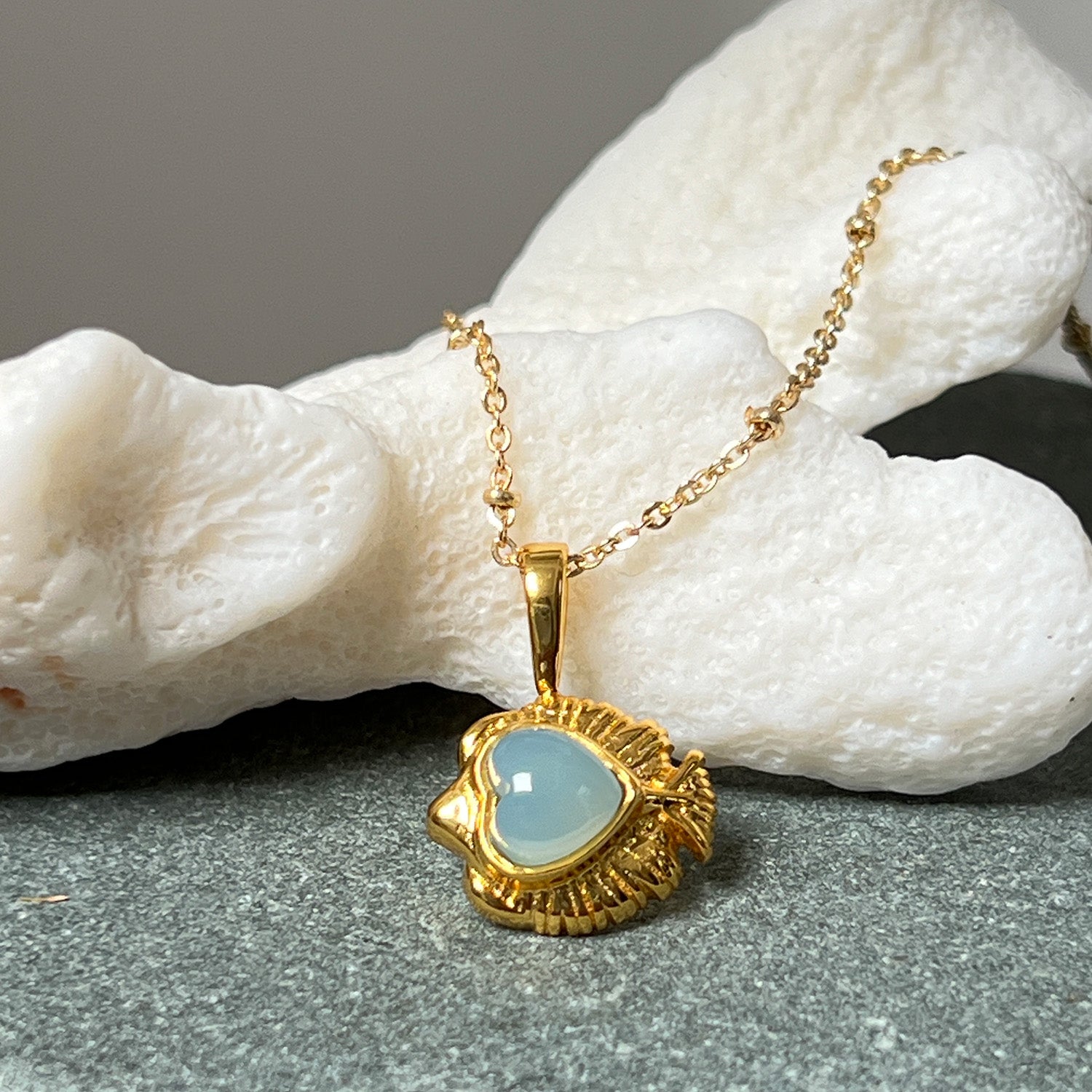 Angel Fish Charm With Aqua Chalcedony Cabochon On Short Satellite Chain