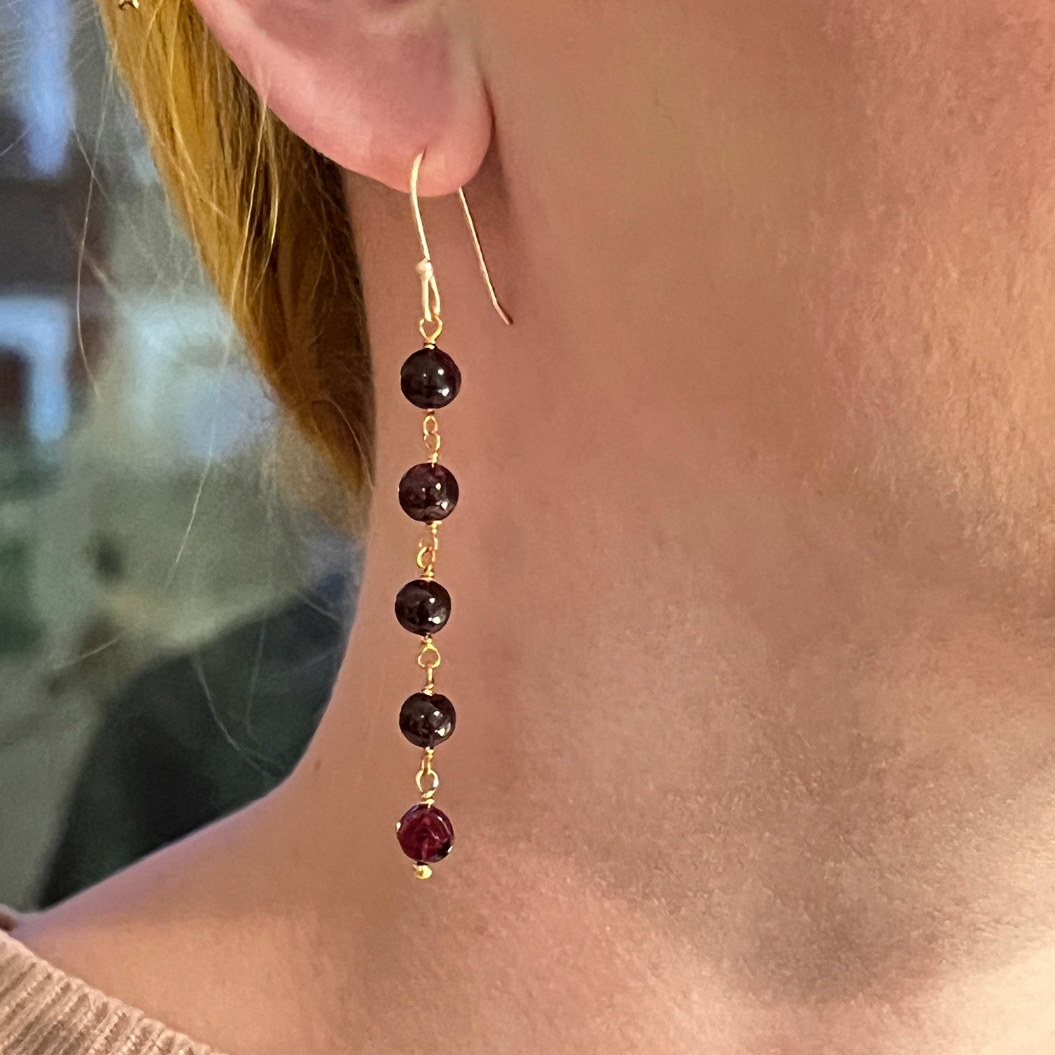 Organic Five Stone Round Garnet Earrings