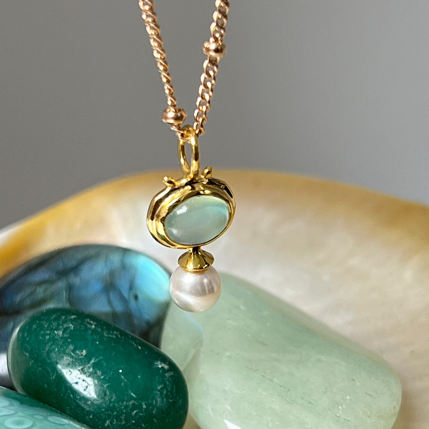 Margot Aqua Chalcedony and Pearl Pendant On Short Biba Chain